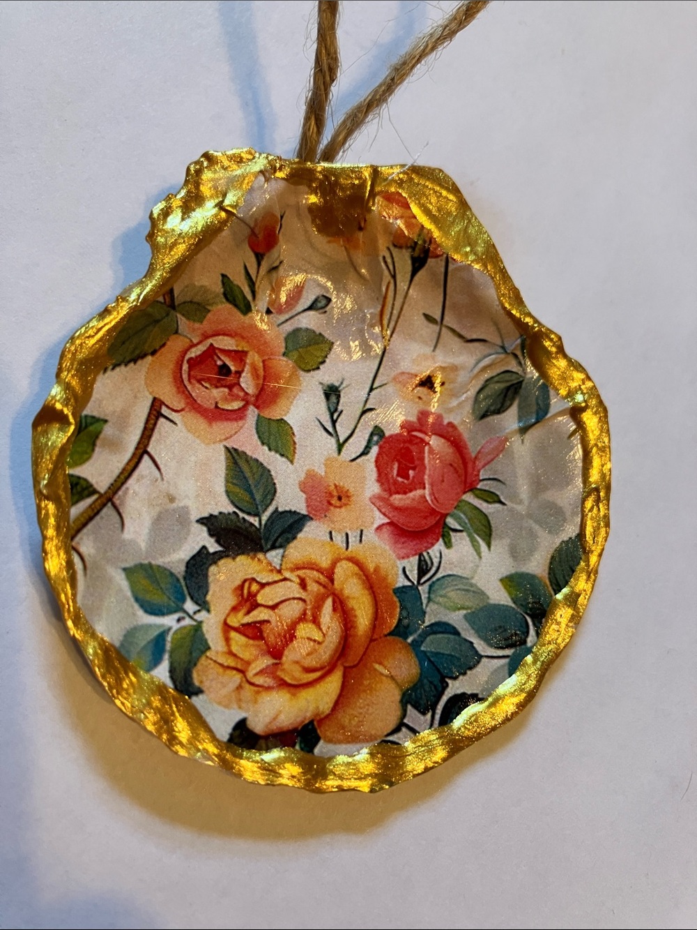 Handcrafted Seashell Ornament Floral Decoupage 3 inch
